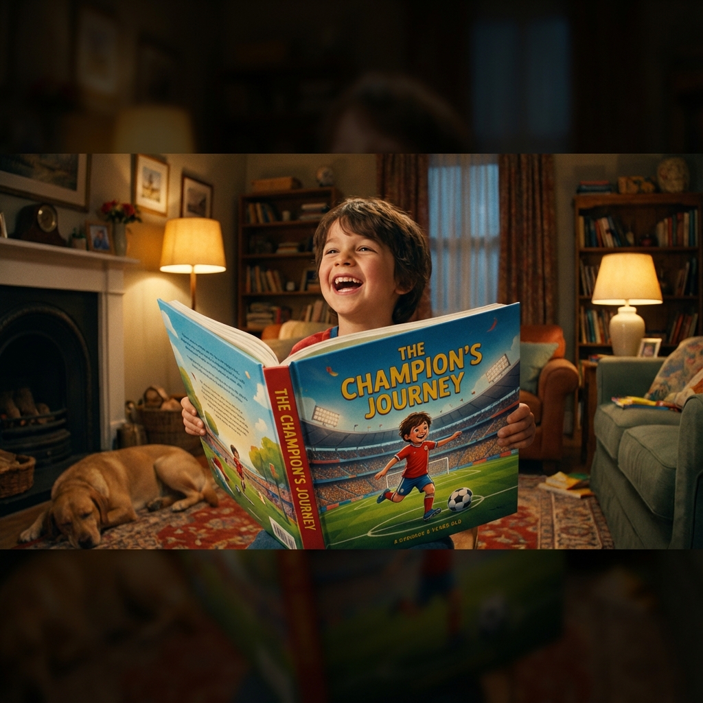 Happy child reading their personalized sports storybook